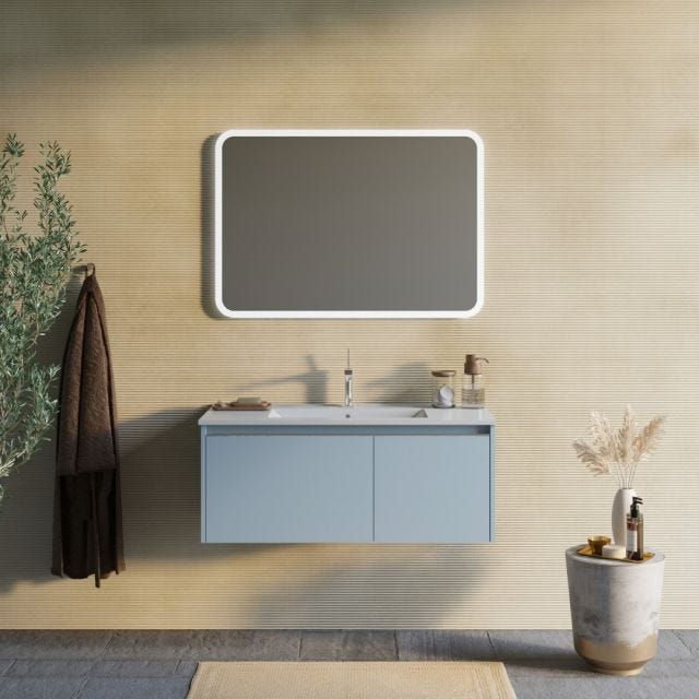 MOBILE BAGNO 100CM BLU CELESTE OPACO, LAVABO IN CERAMICA, SPECCHIO | MONACO