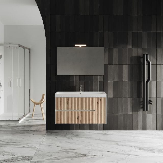 MOBILE BAGNO 100CM ROVERE ORO CANNETTATO E SPECCHIO 100X60 | CORTINA