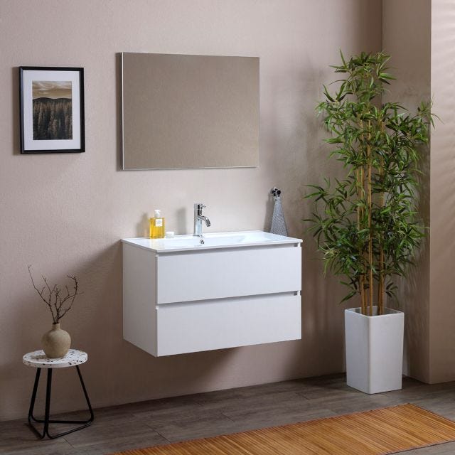 MOBILE BAGNO 80 CM CON DUE CASSETTI BIANCO, LAVABO IN CERAMICA | BERLIN 