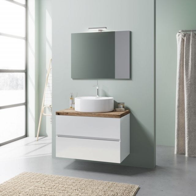 MOBILE BAGNO SOSPESO 80CM BIANCO LUCIDO, LAVABO, SPECCHIO 80X60 | ELBA