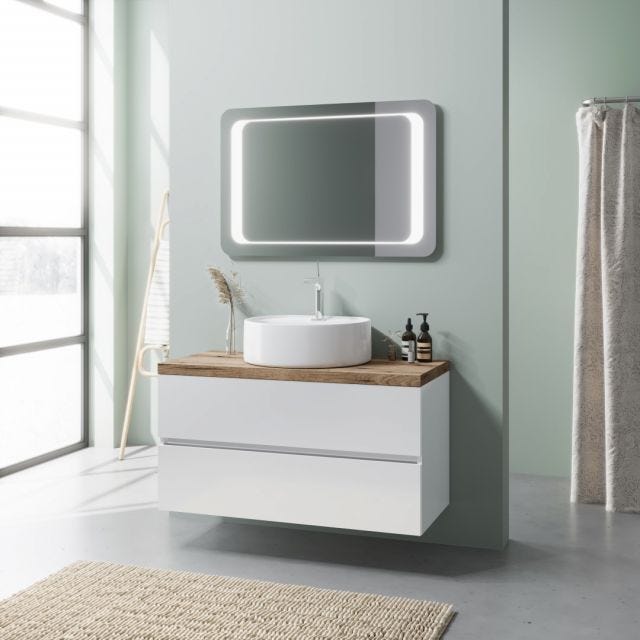 MOBILE BAGNO BIANCO LUCIDO 100CM LAVABO APPOGGIO E SPECCHIO LED | ELBA