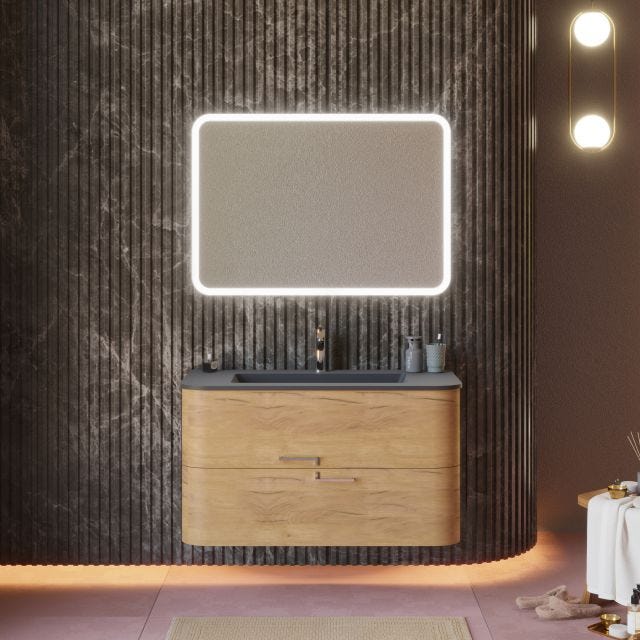 MOBILE SOSPESO BAGNO 100CM ROVERE MIELE, LAVABO NERO E SPECCHIO | HOLLYWOOD