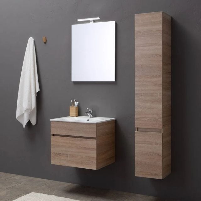 MOBILE BAGNO SOSPESO DA 60 CM CON CASSETTO, SPECCHIO E LAVABO QUERCIA | SOLE