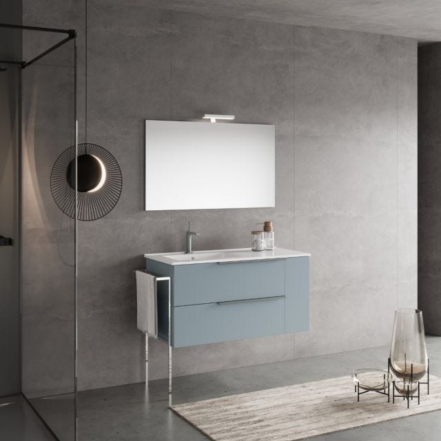 MOBILE BAGNO SOSPESO 100CM CASSETTI CELESTE OPACO, LAVABO IN CERAMICA SX | NEW YORK