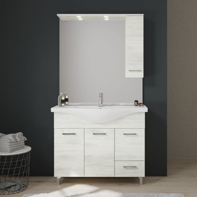 MOBILE BAGNO A TERRA 105CM PENSILE CON SPECCHIO E LUCE BIANCO | RIMINI