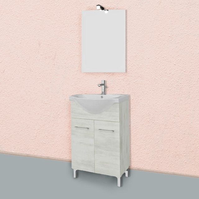 MOBILE BAGNO A TERRA DA 55CM ROVERE BIANCO CON LAVABO IN CERAMICA | RIMINI