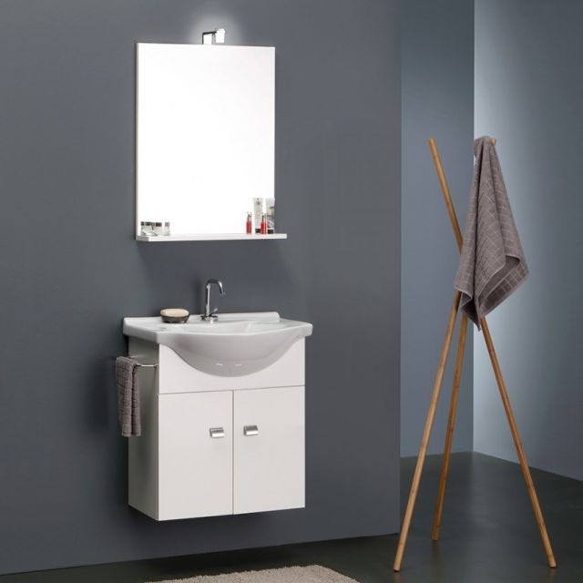 MOBILE BAGNO BIANCO ECONOMICO DA 56 CM + LAVABO, SPECCHIO E LUCE 