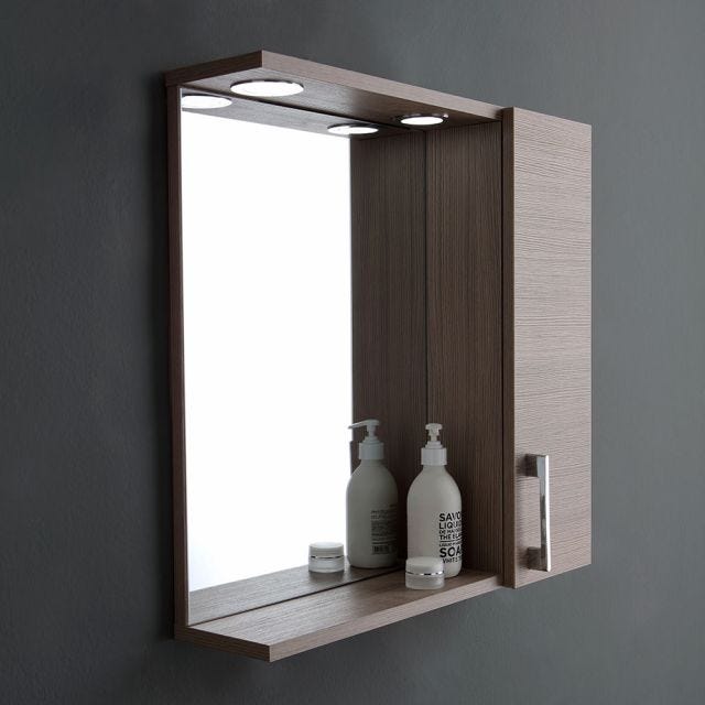 SPECCHIO BAGNO PENSILE CON ANTA LATERALE ROVERE EFFETTO LEGNO LUCE LED